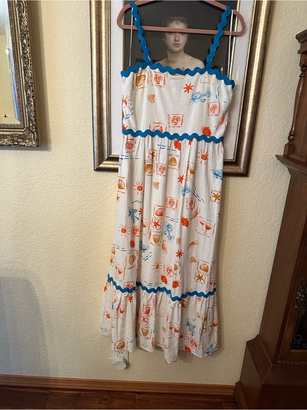 CeCe Cream Maxi Dress with Blue Trim and Orange Print Detail - Picture 3 of 10